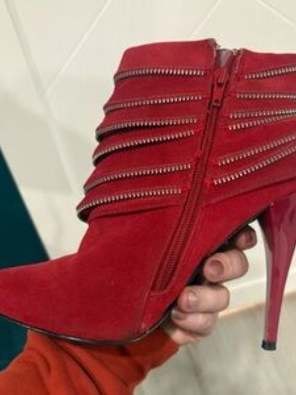 Red Faux Suede Y2K Pointed Toe Stiletto‎ Ankle Booties Side Zipper Heels Size 8 - Picture 9 of 10